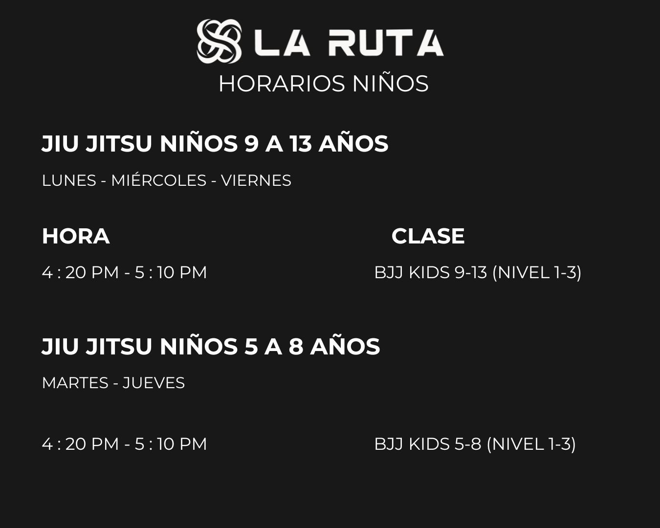 Horario de clases para niños en La Ruta BJJ